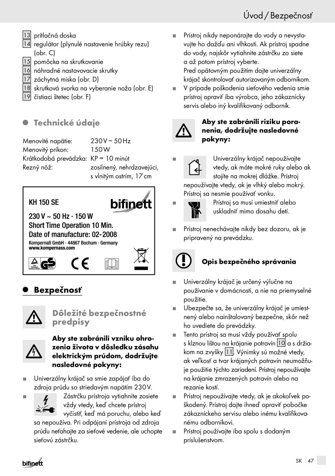 Bifinett KH 150 manual Úvod / Bezpečnosť, Dôležité bezpečnostné predpisy 